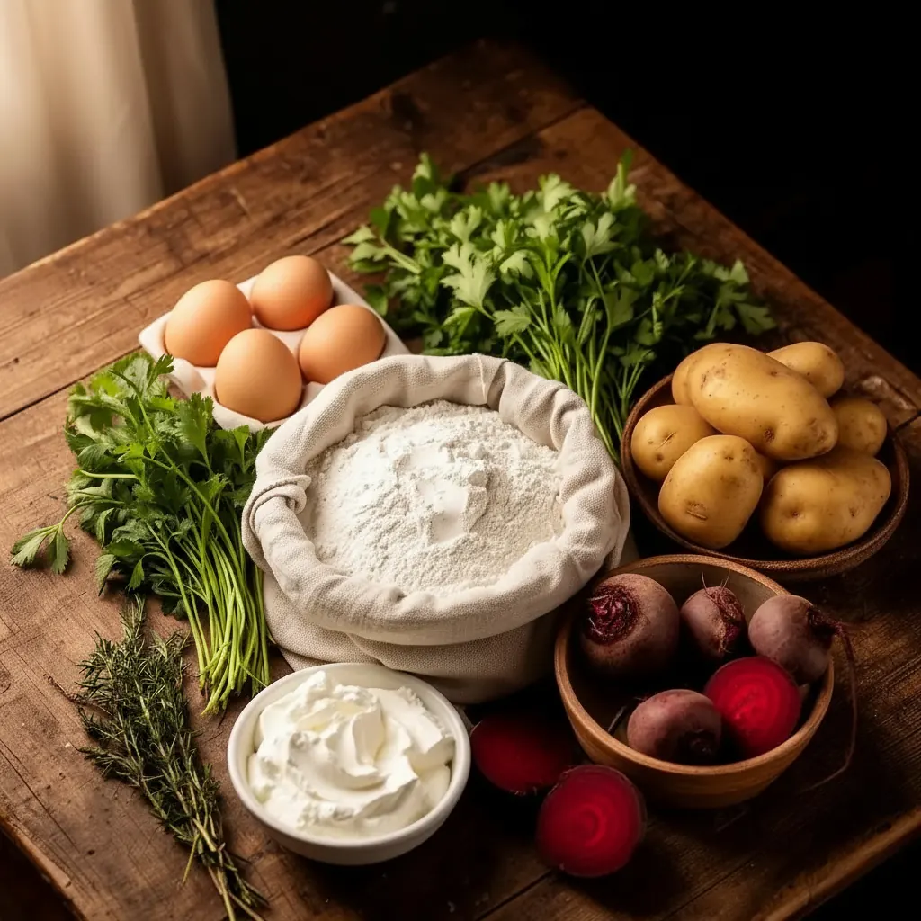Frische Zutaten auf Holztisch: Mehl, Eier, Quark, Kartoffeln, Kräuter, Rote Bete